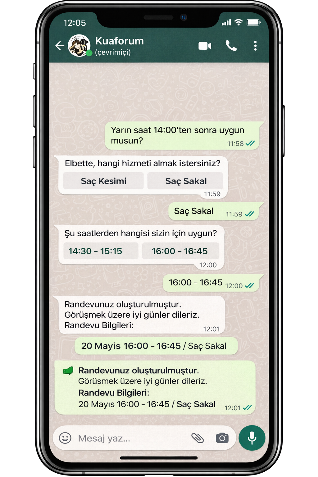 Kuaforum WhatsApp randevu akışı ön izlemesi